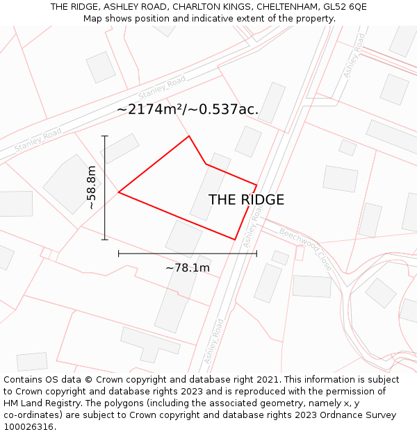 THE RIDGE, ASHLEY ROAD, CHARLTON KINGS, CHELTENHAM, GL52 6QE: Plot and title map