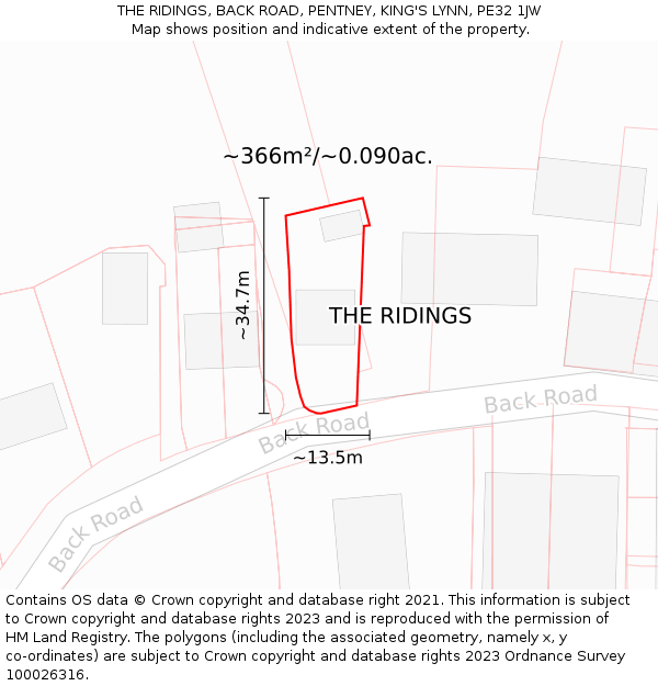 THE RIDINGS, BACK ROAD, PENTNEY, KING'S LYNN, PE32 1JW: Plot and title map