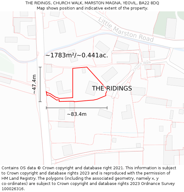 THE RIDINGS, CHURCH WALK, MARSTON MAGNA, YEOVIL, BA22 8DQ: Plot and title map