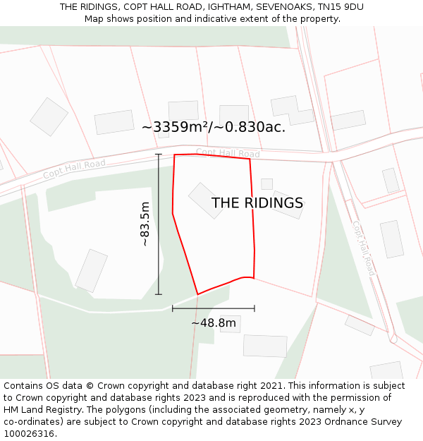 THE RIDINGS, COPT HALL ROAD, IGHTHAM, SEVENOAKS, TN15 9DU: Plot and title map