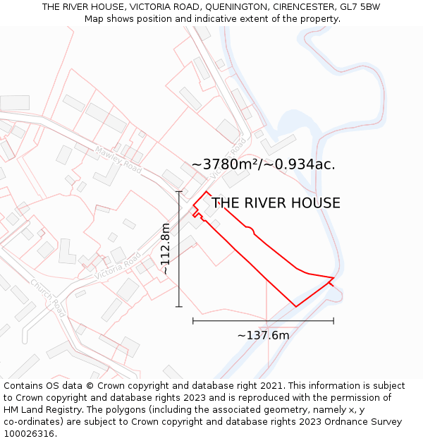 THE RIVER HOUSE, VICTORIA ROAD, QUENINGTON, CIRENCESTER, GL7 5BW: Plot and title map