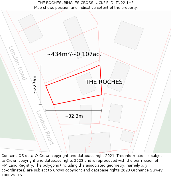 THE ROCHES, RINGLES CROSS, UCKFIELD, TN22 1HF: Plot and title map