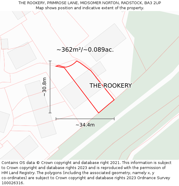 THE ROOKERY, PRIMROSE LANE, MIDSOMER NORTON, RADSTOCK, BA3 2UP: Plot and title map