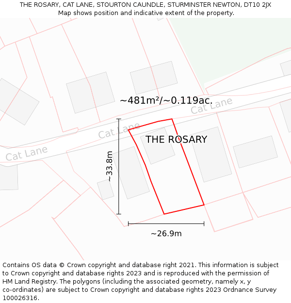 THE ROSARY, CAT LANE, STOURTON CAUNDLE, STURMINSTER NEWTON, DT10 2JX: Plot and title map