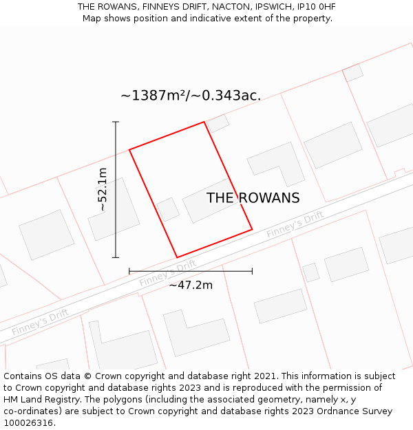 THE ROWANS, FINNEYS DRIFT, NACTON, IPSWICH, IP10 0HF: Plot and title map