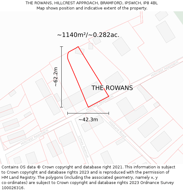 THE ROWANS, HILLCREST APPROACH, BRAMFORD, IPSWICH, IP8 4BL: Plot and title map