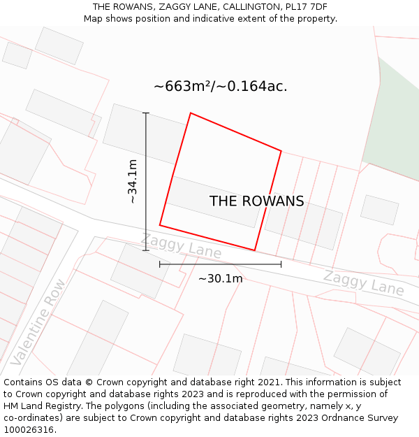 THE ROWANS, ZAGGY LANE, CALLINGTON, PL17 7DF: Plot and title map