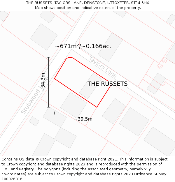 THE RUSSETS, TAYLORS LANE, DENSTONE, UTTOXETER, ST14 5HX: Plot and title map