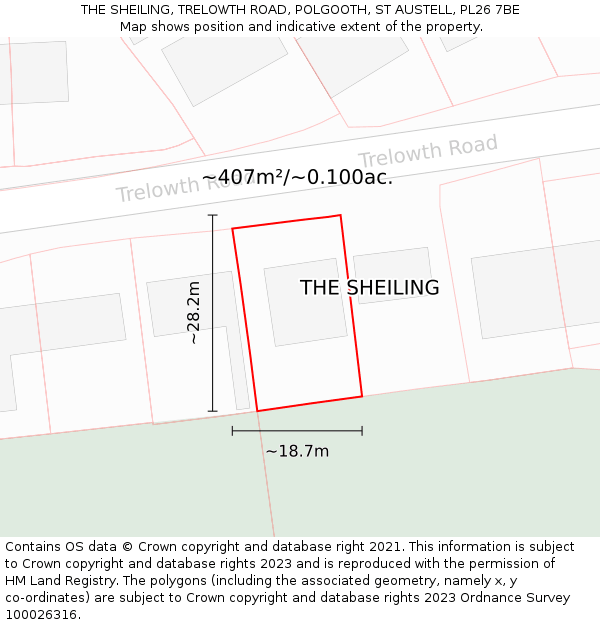 THE SHEILING, TRELOWTH ROAD, POLGOOTH, ST AUSTELL, PL26 7BE: Plot and title map