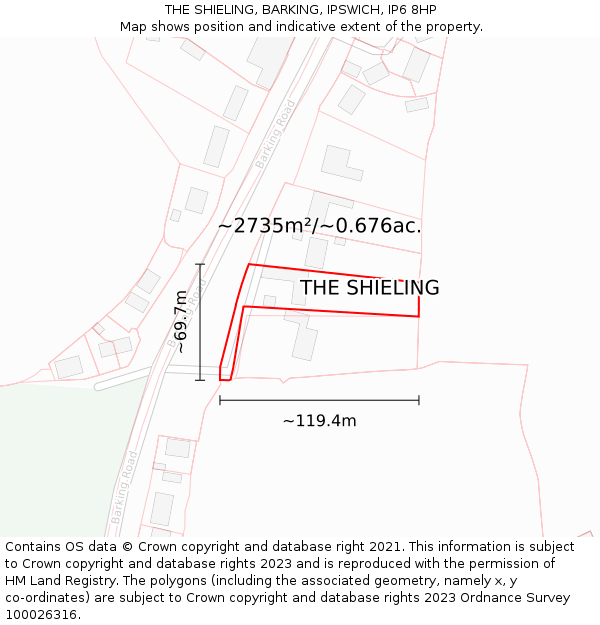 THE SHIELING, BARKING, IPSWICH, IP6 8HP: Plot and title map