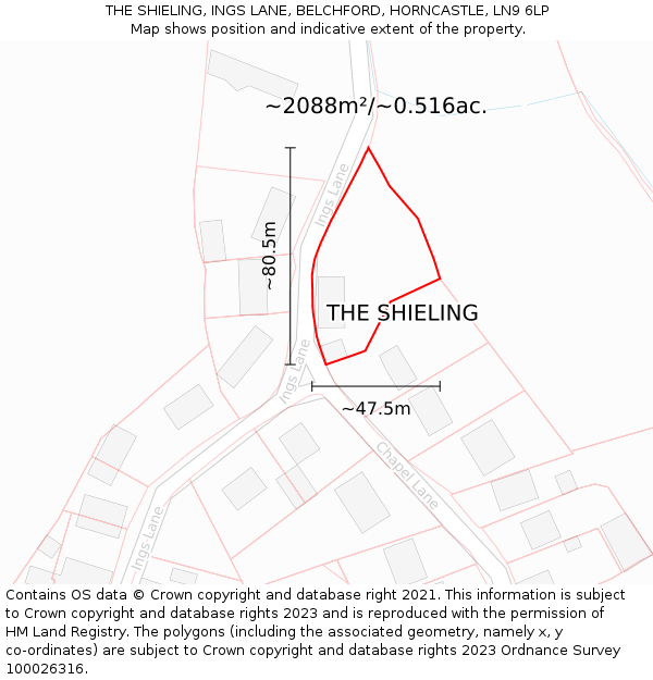 THE SHIELING, INGS LANE, BELCHFORD, HORNCASTLE, LN9 6LP: Plot and title map