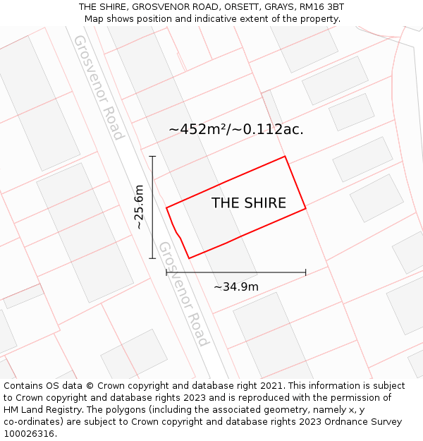 THE SHIRE, GROSVENOR ROAD, ORSETT, GRAYS, RM16 3BT: Plot and title map