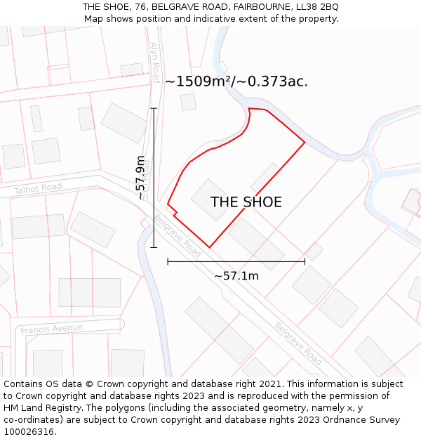 THE SHOE, 76, BELGRAVE ROAD, FAIRBOURNE, LL38 2BQ: Plot and title map