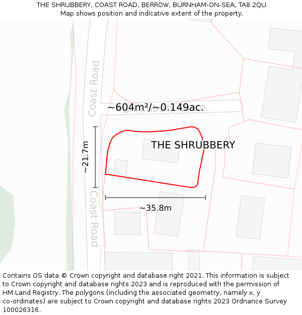 THE SHRUBBERY, COAST ROAD, BERROW, BURNHAM-ON-SEA, TA8 2QU: Plot and title map