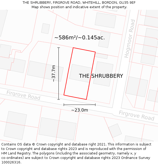THE SHRUBBERY, FIRGROVE ROAD, WHITEHILL, BORDON, GU35 9EF: Plot and title map