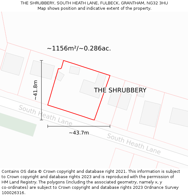 THE SHRUBBERY, SOUTH HEATH LANE, FULBECK, GRANTHAM, NG32 3HU: Plot and title map