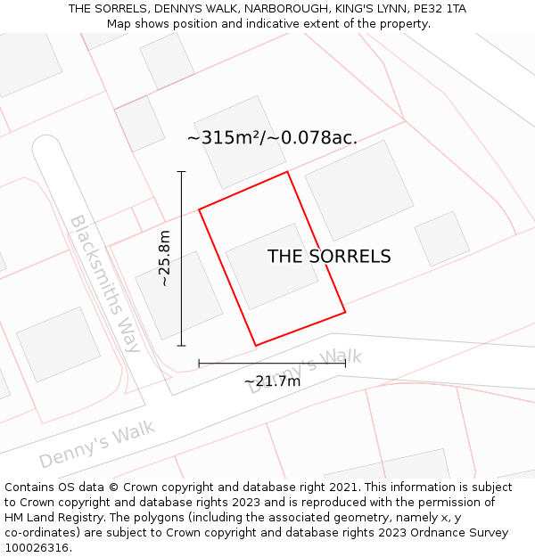 THE SORRELS, DENNYS WALK, NARBOROUGH, KING'S LYNN, PE32 1TA: Plot and title map