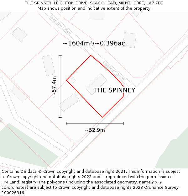 THE SPINNEY, LEIGHTON DRIVE, SLACK HEAD, MILNTHORPE, LA7 7BE: Plot and title map