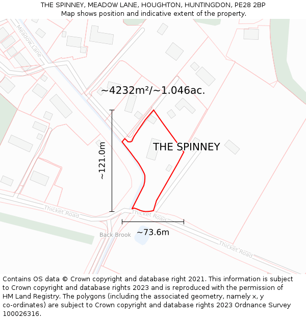 THE SPINNEY, MEADOW LANE, HOUGHTON, HUNTINGDON, PE28 2BP: Plot and title map