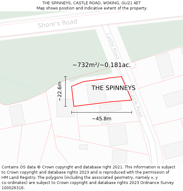 THE SPINNEYS, CASTLE ROAD, WOKING, GU21 4ET: Plot and title map