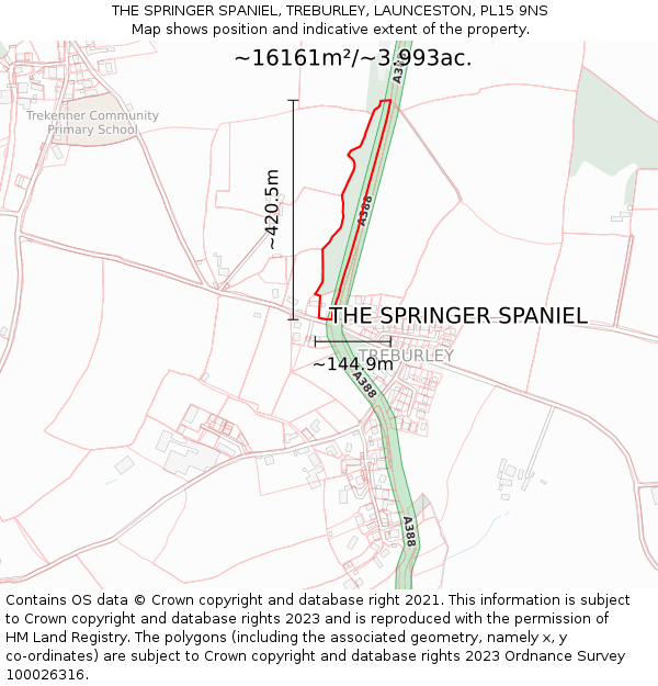 THE SPRINGER SPANIEL, TREBURLEY, LAUNCESTON, PL15 9NS: Plot and title map