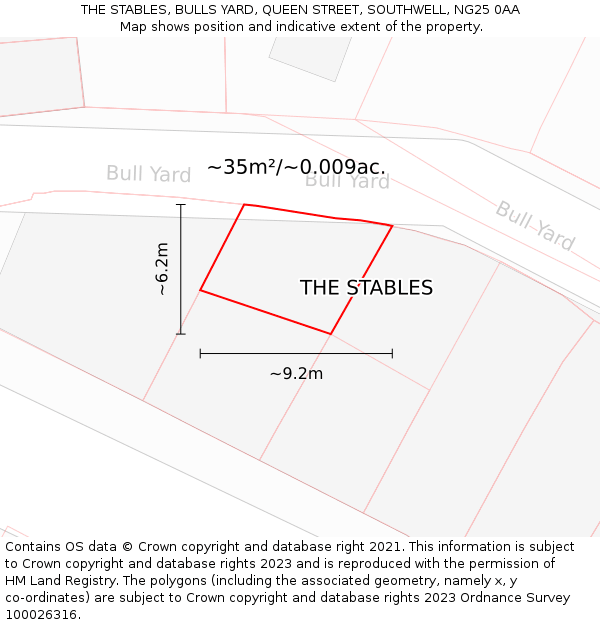 THE STABLES, BULLS YARD, QUEEN STREET, SOUTHWELL, NG25 0AA: Plot and title map