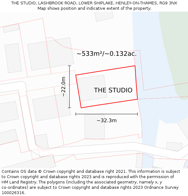 THE STUDIO, LASHBROOK ROAD, LOWER SHIPLAKE, HENLEY-ON-THAMES, RG9 3NX: Plot and title map