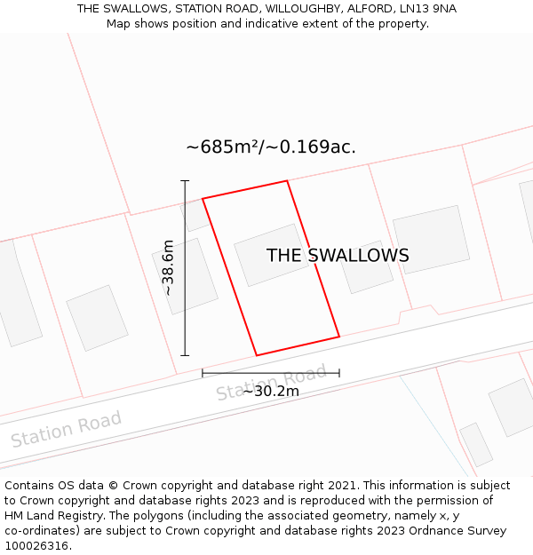 THE SWALLOWS, STATION ROAD, WILLOUGHBY, ALFORD, LN13 9NA: Plot and title map