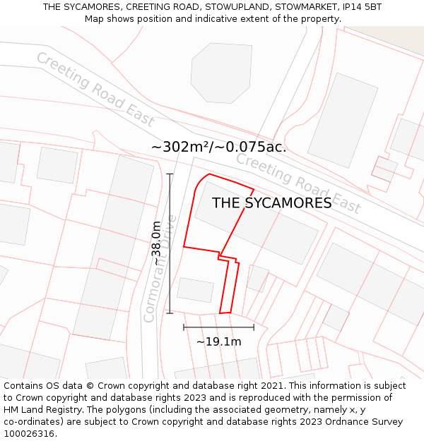 THE SYCAMORES, CREETING ROAD, STOWUPLAND, STOWMARKET, IP14 5BT: Plot and title map