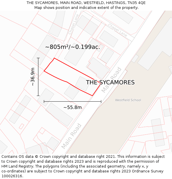 THE SYCAMORES, MAIN ROAD, WESTFIELD, HASTINGS, TN35 4QE: Plot and title map