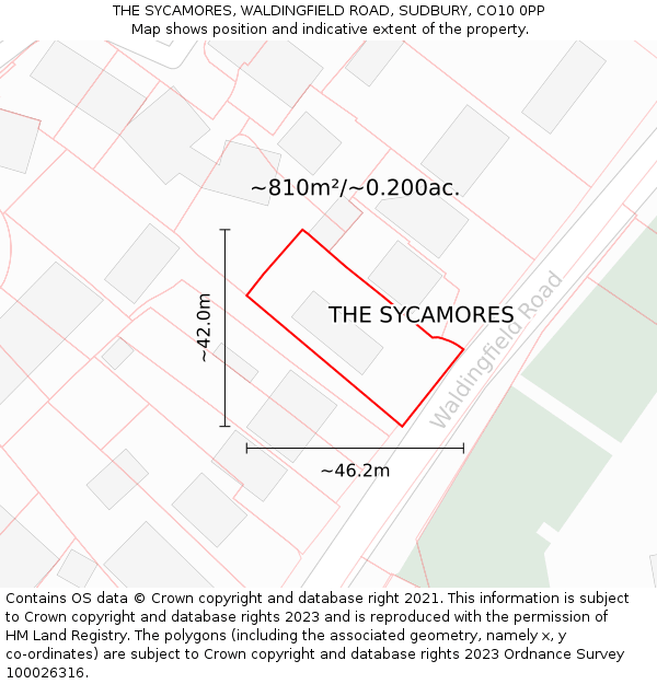 THE SYCAMORES, WALDINGFIELD ROAD, SUDBURY, CO10 0PP: Plot and title map