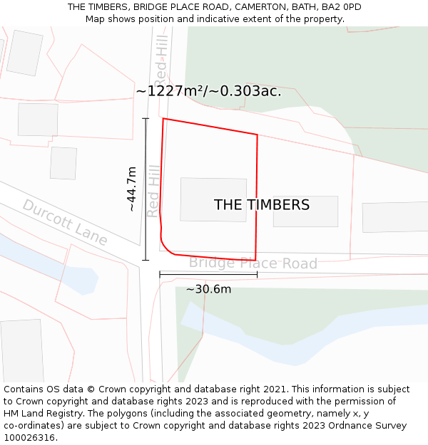 THE TIMBERS, BRIDGE PLACE ROAD, CAMERTON, BATH, BA2 0PD: Plot and title map