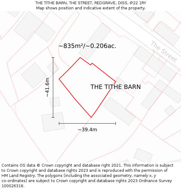 THE TITHE BARN, THE STREET, REDGRAVE, DISS, IP22 1RY: Plot and title map