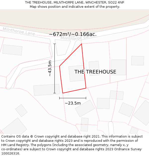 THE TREEHOUSE, MILNTHORPE LANE, WINCHESTER, SO22 4NP: Plot and title map