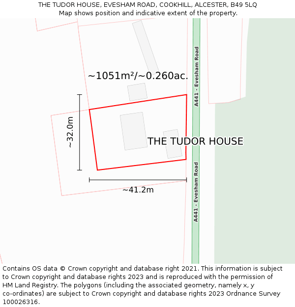 THE TUDOR HOUSE, EVESHAM ROAD, COOKHILL, ALCESTER, B49 5LQ: Plot and title map