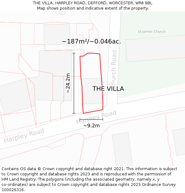 THE VILLA, HARPLEY ROAD, DEFFORD, WORCESTER, WR8 9BL: Plot and title map