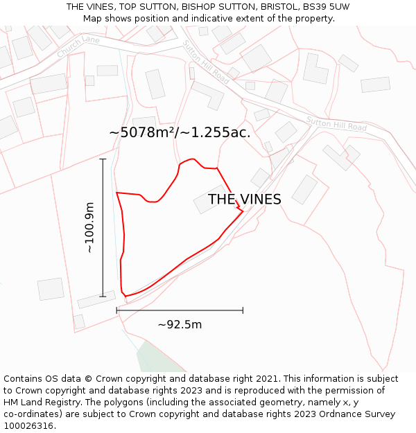 THE VINES, TOP SUTTON, BISHOP SUTTON, BRISTOL, BS39 5UW: Plot and title map