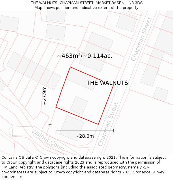 THE WALNUTS, CHAPMAN STREET, MARKET RASEN, LN8 3DS: Plot and title map