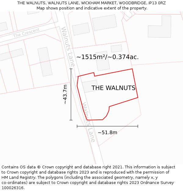 THE WALNUTS, WALNUTS LANE, WICKHAM MARKET, WOODBRIDGE, IP13 0RZ: Plot and title map
