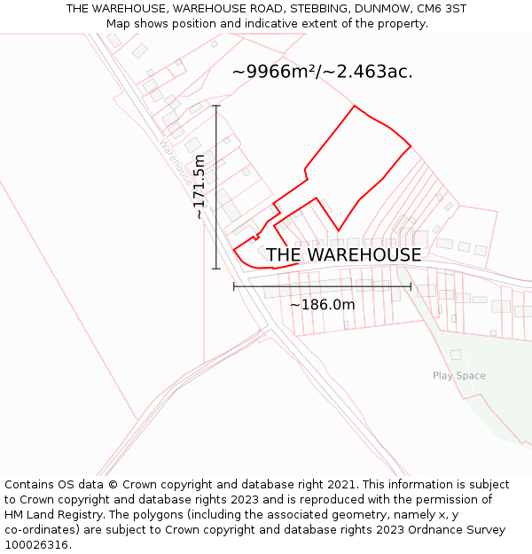 THE WAREHOUSE, WAREHOUSE ROAD, STEBBING, DUNMOW, CM6 3ST: Plot and title map