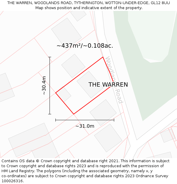 THE WARREN, WOODLANDS ROAD, TYTHERINGTON, WOTTON-UNDER-EDGE, GL12 8UU: Plot and title map