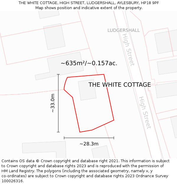 THE WHITE COTTAGE, HIGH STREET, LUDGERSHALL, AYLESBURY, HP18 9PF: Plot and title map