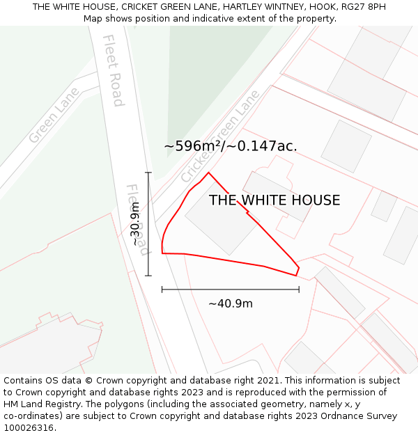 THE WHITE HOUSE, CRICKET GREEN LANE, HARTLEY WINTNEY, HOOK, RG27 8PH: Plot and title map