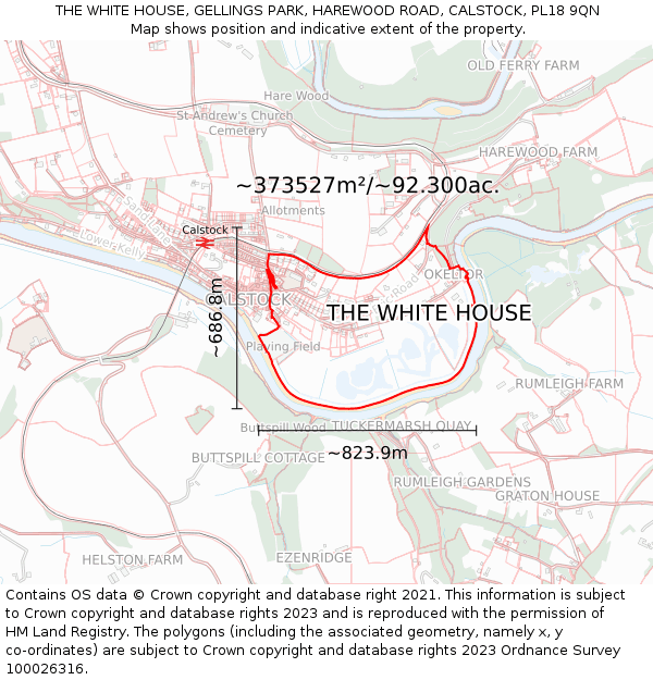 THE WHITE HOUSE, GELLINGS PARK, HAREWOOD ROAD, CALSTOCK, PL18 9QN: Plot and title map