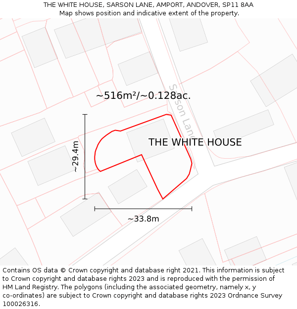 THE WHITE HOUSE, SARSON LANE, AMPORT, ANDOVER, SP11 8AA: Plot and title map
