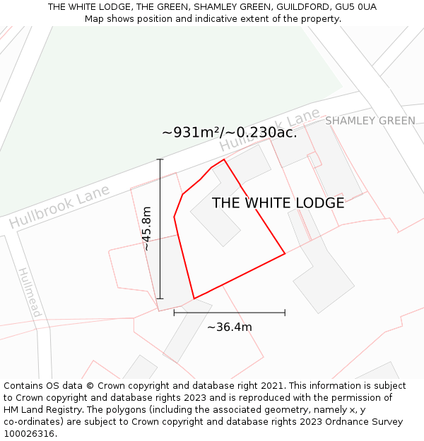 THE WHITE LODGE, THE GREEN, SHAMLEY GREEN, GUILDFORD, GU5 0UA: Plot and title map