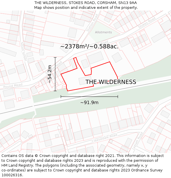 THE WILDERNESS, STOKES ROAD, CORSHAM, SN13 9AA: Plot and title map