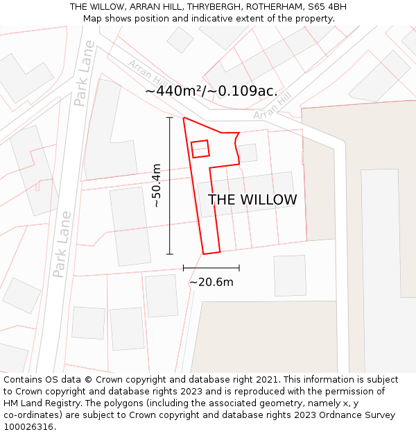 THE WILLOW, ARRAN HILL, THRYBERGH, ROTHERHAM, S65 4BH: Plot and title map
