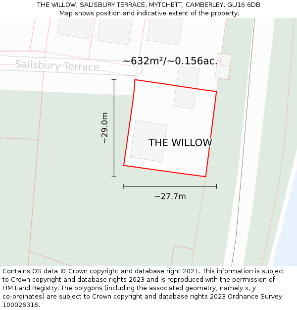 THE WILLOW, SALISBURY TERRACE, MYTCHETT, CAMBERLEY, GU16 6DB: Plot and title map