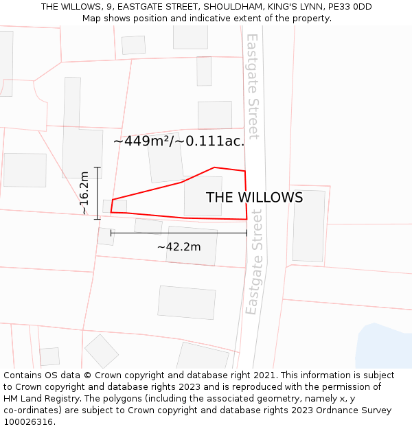 THE WILLOWS, 9, EASTGATE STREET, SHOULDHAM, KING'S LYNN, PE33 0DD: Plot and title map
